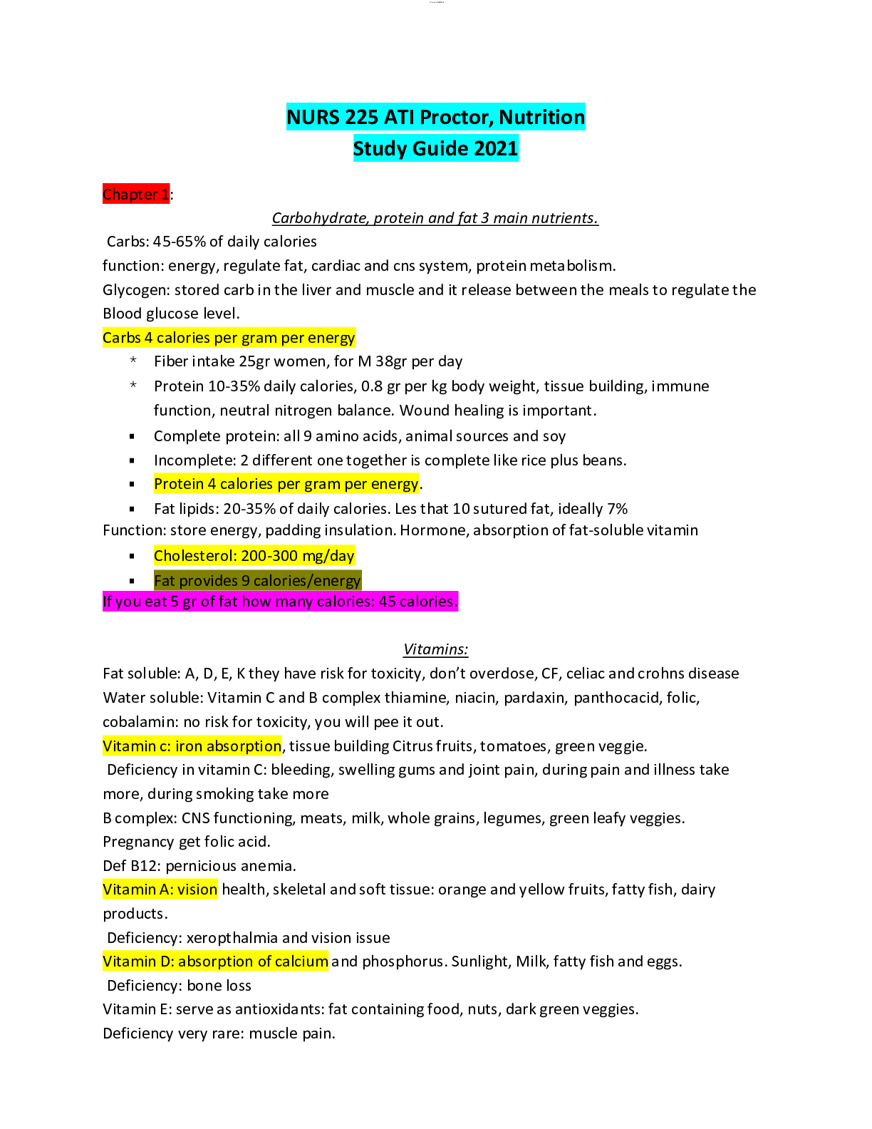 Preview image for NURS 225 ATI Proctor, Nutrition Study Guide 2021